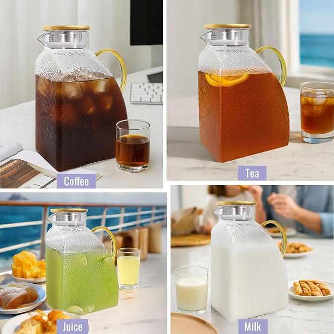 Glass Pitcher With Lid,1 Gallon Glass Water Pitcher For Fridge, 128OZ glass pitchers With Handle And Lid, Hot And Cold pitchers, Large Carafe Jug For Iced Tea Juice Coffee Milk