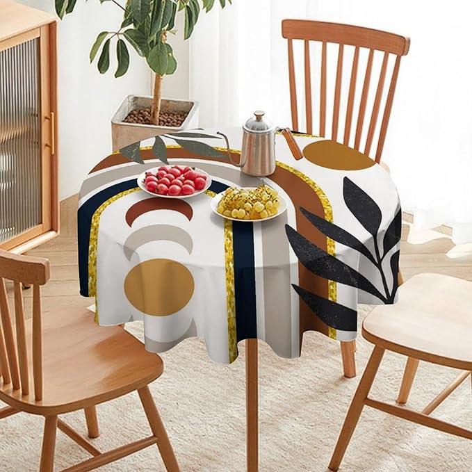 Mid Century Boho Round Tablecloth, Modern Abstract Sun Moon Bohemian Leaves Tablecloth for Home Party Dining Room Kitchen Decor 36Inch(90cm)