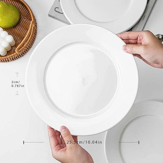 White Ceramic Dinner Plates Set of 4, 10 Inch Porcelain Dinner Plates for Salad, Pasta, and Steak – Microwave and Dishwasher Safe Dinnerware