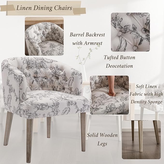 Mid-Century Dining Chairs Set of 4, Tufted Upholstered Linen Dining Room Chairs Comfy Side Chair Armchair Guest Chair with Wooden Legs for Dining Room Living Room, Floral Pattern