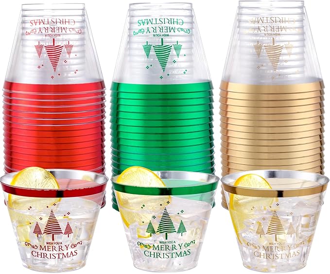I00000 60PCS Merry Christmas Party Cups - Christmas Disposable Cups 9 Oz Clear Party Cups Wine Glasses Disposable Clear Plastic Cocktail Cups Tumblers Drinking Cups for Xmas Parties