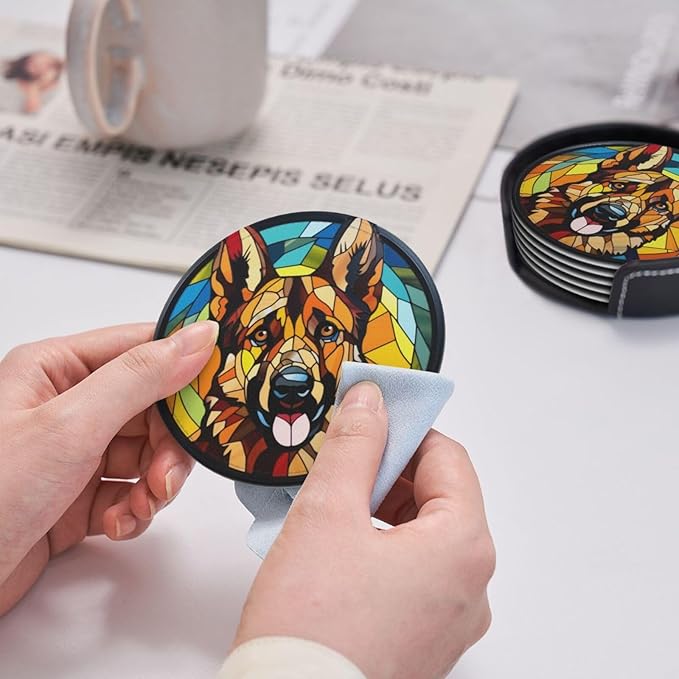 Drink Coaster Set of 6, German Shepherd Dog Mom Lover Gift,Leather Drink Coasters with Holder,6 Pack Cup/Bar/Drink Coasters for Table/Drinks/Coffee Protection Housewarming Gift