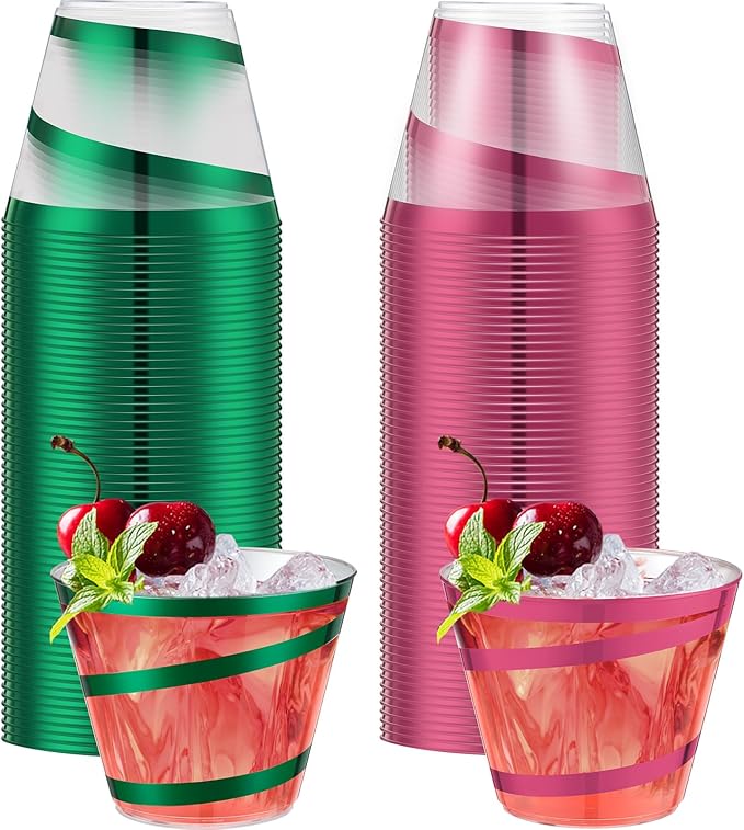 Gejoy 9 oz Rimmed Swirl Plastic Cups Disposable Wine Drinking Cups Clear Elegant Halloween Tumblers for Christmas Party Supplies(Pink, Green,50 Pcs)