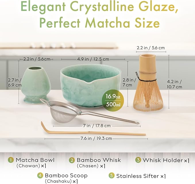 Matcha Set | Japanese Matcha Tea Set with Crystal-Glazed Ceramic Spout Bowl | Bamboo Whisk & Holder, Scoop and Stainless Sifter | 5-Piece Matcha Kit |「Crystal Shell Green」