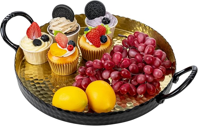 MyGift 12-Inch Black and Gold Metal Round Display Tray – Handcrafted Hammered Design Serving Platter or Tabletop Centerpiece, Handmade in India