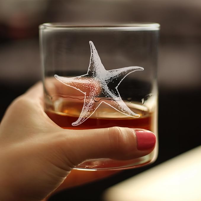 Bevvee Starfish Rocks Glass - Beach Themed Decor and Decorative Ocean Glassware Gifts for Women and Men - Set of 4-10.25 Oz Glasses