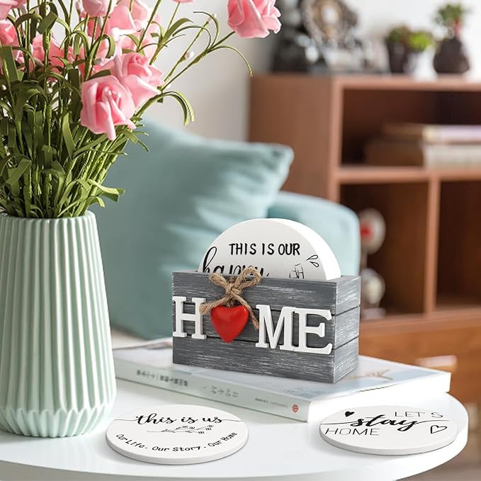 Housewarming Gifts for Home Christmas Coasters Gifts for New Home Decoration Wooden Heart Coasters for Drinks 6 Set Funny Farmhouse Coaster with Holder for Housewarming (White)