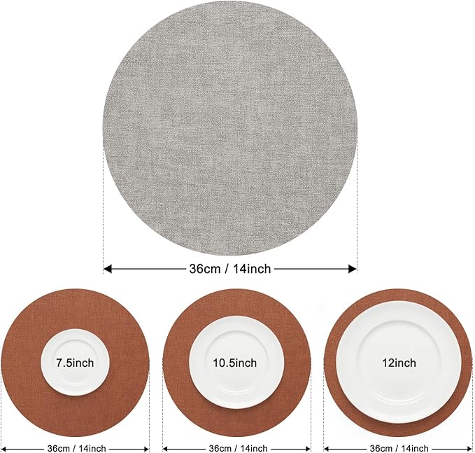 Myir JUN Reversible Vinyl Round Placemats Set of 6, Faux Leather Place Mats Dual Sided Waterproof Wipeable, Heat-Resistant Table Mats for Kitchen Dining Indoor Outdoor (14", Light Gray Reddish Brown)