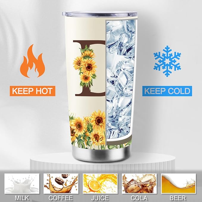 Sunflower Gifts for Women - Personalized Christmas Gifts for Women - Birthday Gift for Woman - Mothers Day Gift for Mom - Monogrammed, Initial 20oz Travel Cup Insulated Tumbler with Lid, D