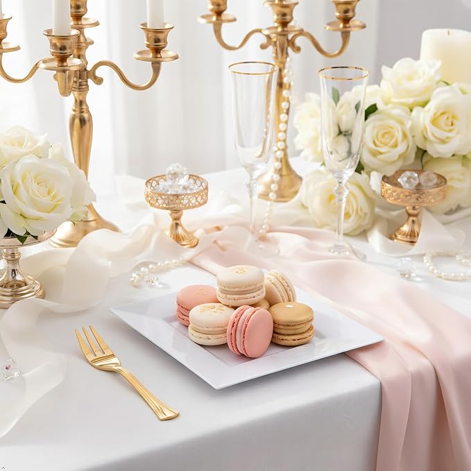 supernal 200Pcs White Dessert Plates,White Disposable Square Plates for 100 Guests, Including 100 Plastic Appetizer Plates and 100 Dessert Forks for Party Valentine's Day Afternoon tea