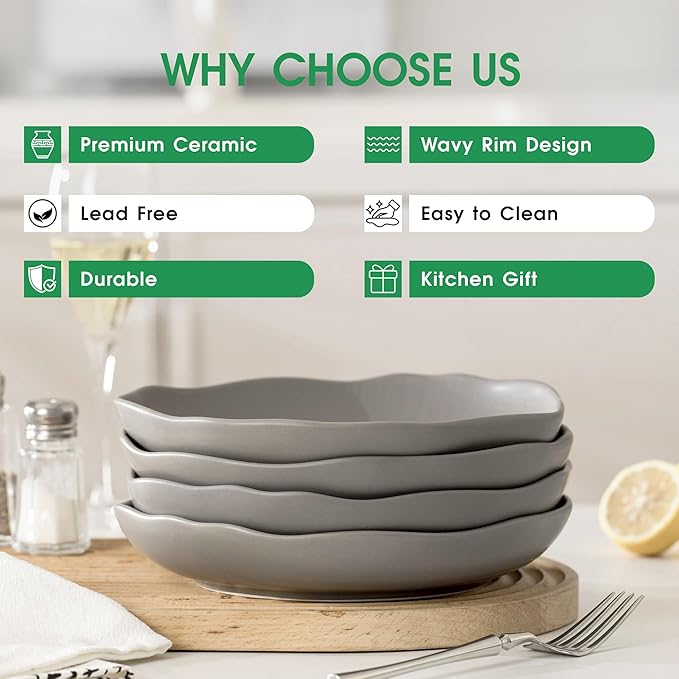 Pasta Bowls Set of 4, Ceramic 24.5oz Serving Salad Bowl, Large 8.5 inch Wide Shallow Soup Bowls with Wavy Rim, Easy to Clean, Oven Microwave Dishwasher Safe for Fruit Pasta Salad Dinner - Grey