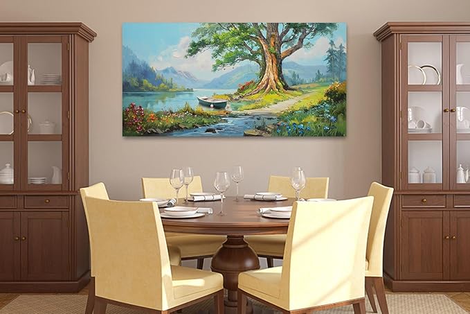 Anolyfi Lake Canvas Wall Art Landscape Painting, Green Tree and Boat Nature Print Wall Art Decor Mountain Artwork Framed for Living Room Bedroom Dining Room Office Home Decor 40"x20"