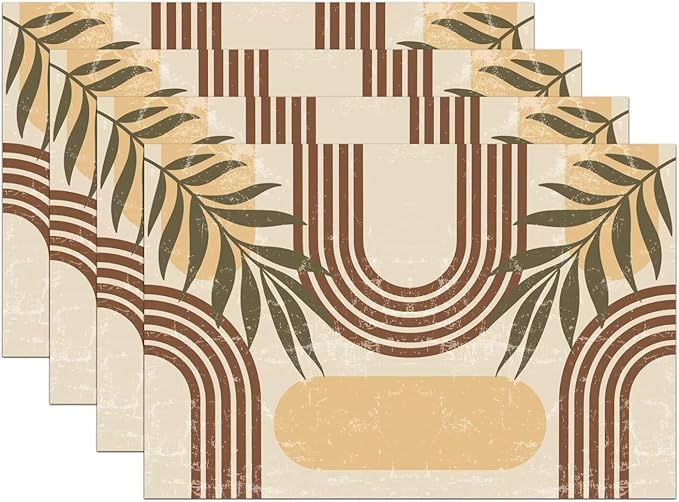 Mid Century Boho Arch Placemats Abstract Geometric Modern Aesthetic Rainbow Leaves Sun Washable Place Mats 12x18Inch for Dining Kitchen Farmhouse Decor 6 PCS