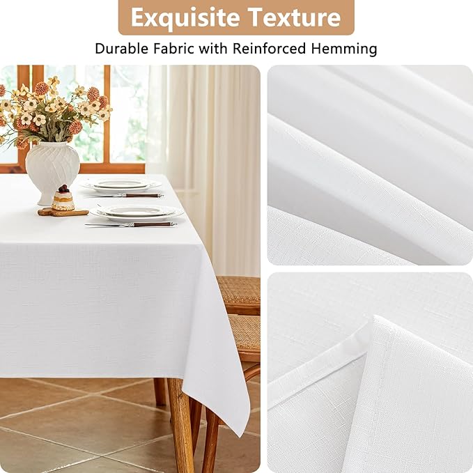 Textured White Fabric Table Cloth Rectangle Spill Proof & Washable Faux Linen Tablecloth for 6 Ft Rectangular Table Reusable for Dining Wedding Banquet 60 x 84 Inch