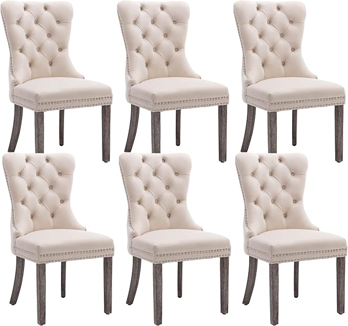 KCC Velvet Dining Chairs Set of 6, Upholstered High-end Tufted Dining Room Chair with Nailhead Back Ring Pull Trim Solid Wood Legs, Nikki Collection Modern Style for Kitchen, Beige