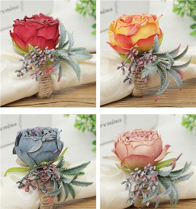 Floral Napkin Rings Set of 6,Rustic Rose Napkin Rings Flower Dinner Napkin Holder for Table Decoration (26#Pink)