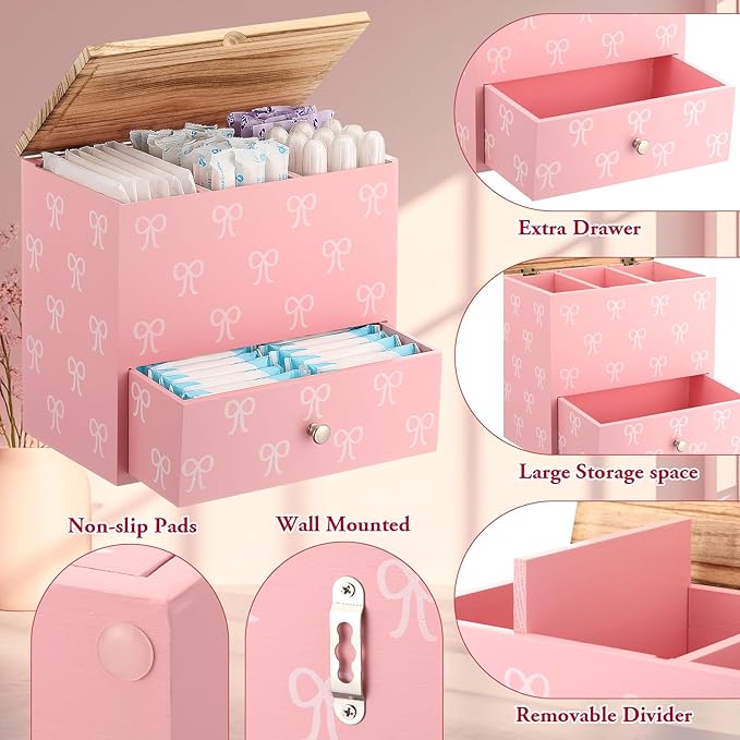 Pink Bow Tampon Holder for Bathroom Wood Feminine Product Organizer with Drawer and Lid Pad and Tampon Organizer Bathroom Accessories Storage Box for Pink Bow Washroom Period Box