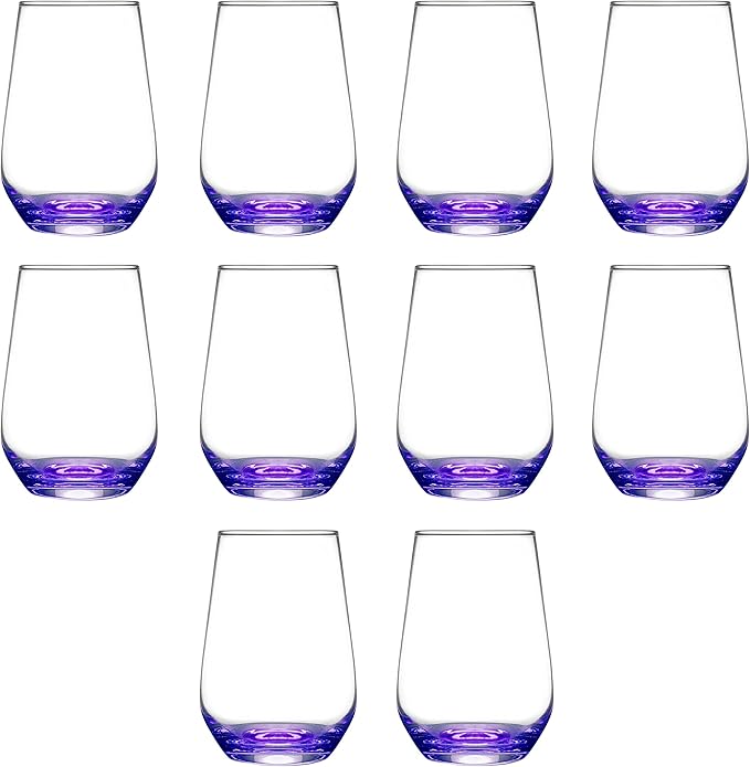 DISCOUNT PROMOS 10 Vaso Silicia Stemless Wine Glasses Set, 16 oz. - Clear, Orb-Like, Thick base - Purple