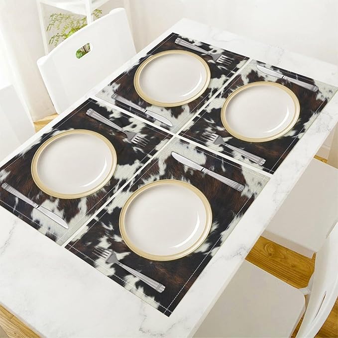 Cow Print Placemats,Black and White Farmhouse Animal Print Place Mats,Western Highlands Pattern Kitchen Table Mats for Dining Kitchen Party Holiday Decor 12x18 in 6 PCS