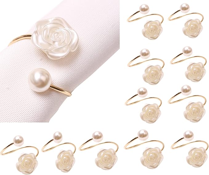 12Pcs Napkin Rings Pearl Napkin Holder Rose Napkin Buckles for Wedding Banquet Home Party Kitchen Decor Festival Dinning Table Decor