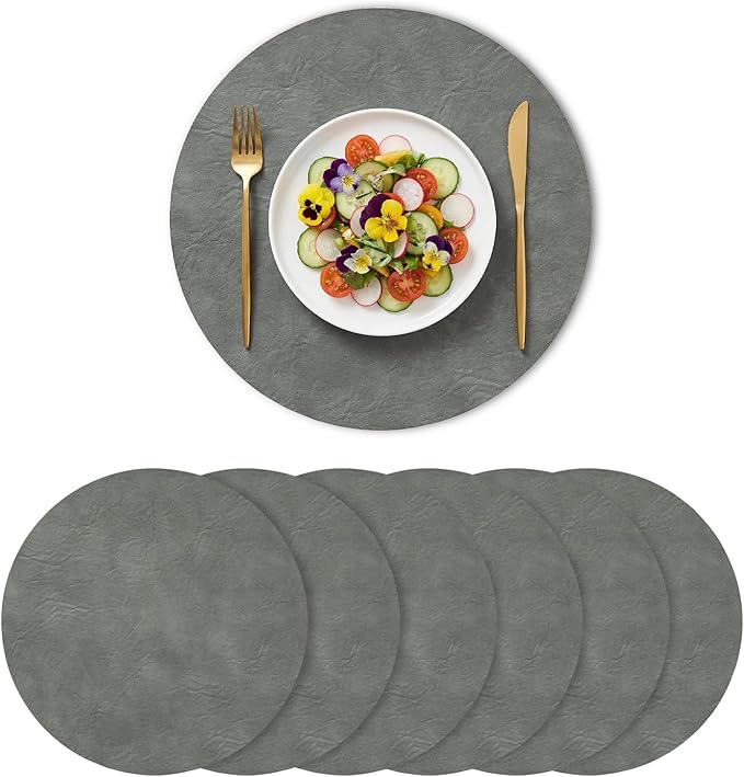 Artoid Mode Grey Faux Leather Placemats Set of 6, 15 Inch Waterproof Wipeable Heat Resistant Vinyl Place Mats, Reversible Table Mats for Winter Kitchen Dining Decor