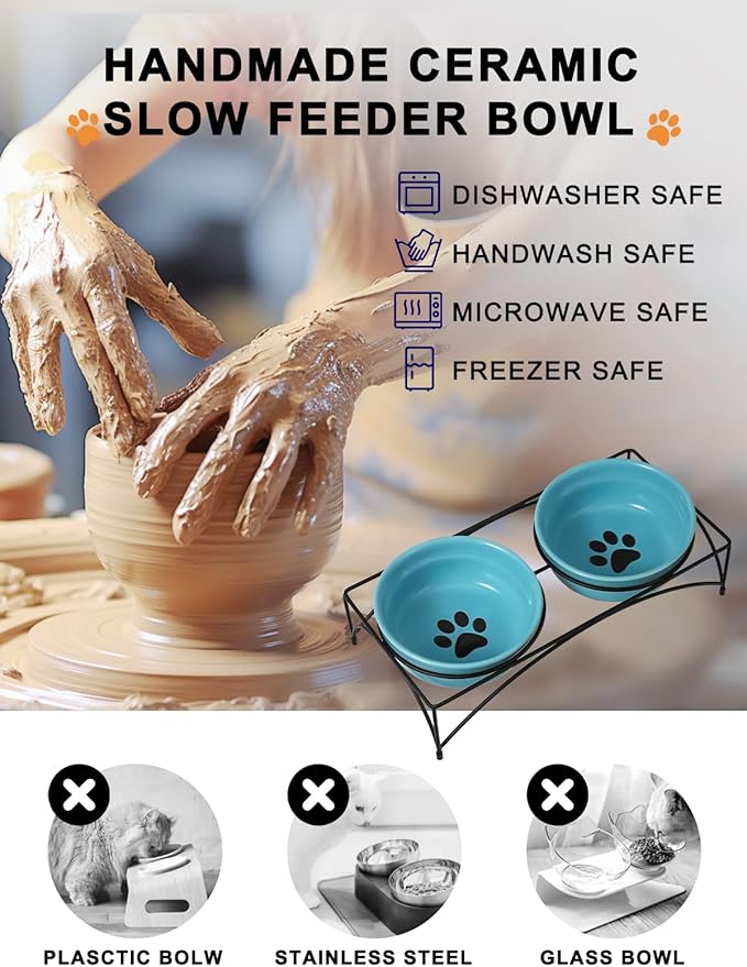 Y YHY Ceramic Raised Pet Bowls 12 oz Capacity 4.8” Height Sturdy Metal Stand, Turquoise