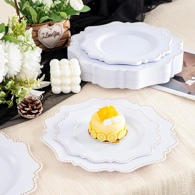 COLOSUS 60pcs Disposable Plastic Plates Set, Gold White Party Plates, 30pcs Dinner Plates and 30pcs Salad/Dessert Plates for Wedding, Party, Anniversary, Daily Use,New Year