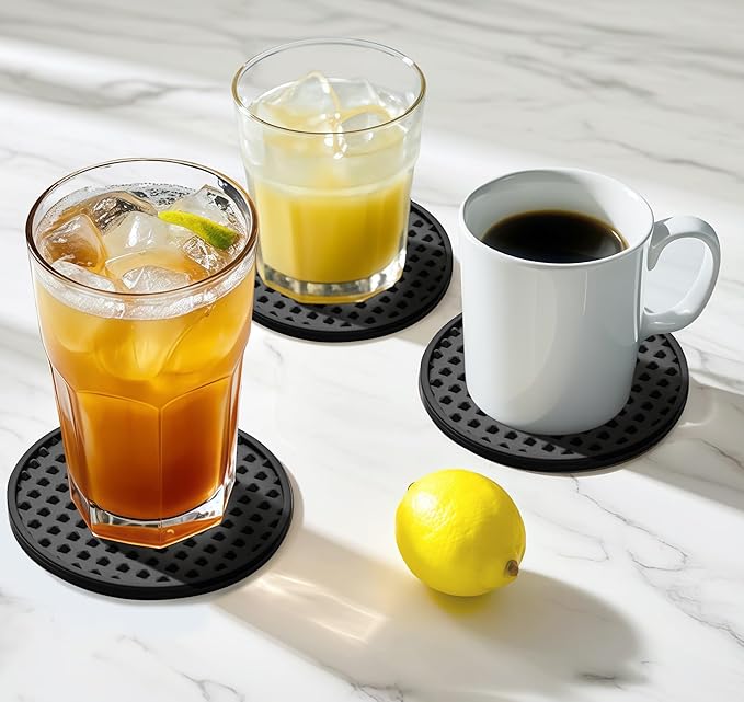 Coasters for Drinks, Silicone Coasters Set of 6 with ABS Holder, Outdoor Coaster for Coffee Table, Non-Slip Rubber Table Cup Mat Desk, Heat Resistant & Scratch-Proof (Black)