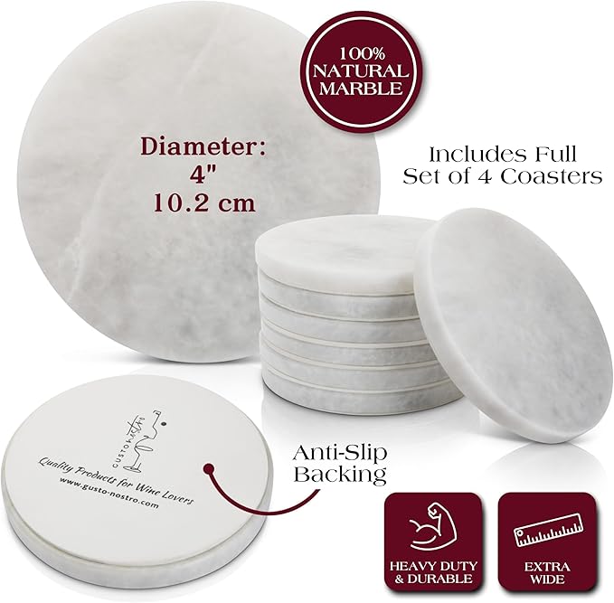 Gusto Nostro White Marble Coasters Set of 4 - Luxury Natural Stone Coasters for Drinks - Genuine Marble Kitchen Accessories, Round Artisanal Stone Coaster for Kitchen Counter, Coffee Table, Home Decor