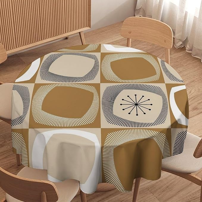 Mid Century Round Tablecloth, Retro Geometric Colorful Squares Abstract Boho Vintage 50s 60s Tablecloth for Home Party Dining Room Kitchen Decor 50Inch(127cm)