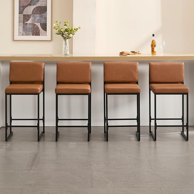 Modern Barstools Set of 4, 26” Upholstered Counter Height Bar Stools PU Leather Fabric Counter Stools with Padded Back Metal Frame for Kitchen Island Dining Room, Brown