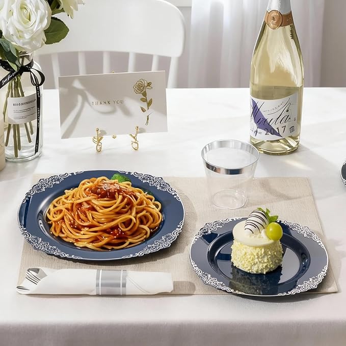 700PCS Navy Blue Plates for 100 Guests, Disposable Dinnerware Sets Include 100 Plastic Plates, 100 Silverwares, 100 Cups, and 100 Pre Rolled Napkins for Party, Wedding and Graduation