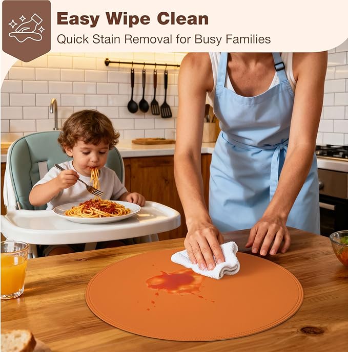 Round Vinyl Orange Placemats Set of 6, Faux Leather Waterproof Wipeable Heat Resistant Place Mats, Washable Table Mats for Halloween, Thanksgiving & Christmas Dinner(Orange)