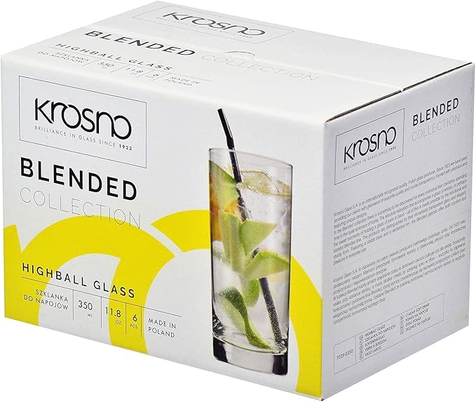 Krosno Highball Glasses, Set of 6, 11.8 oz, Blended Collection, Crystal Glass, Perfect for Everyday, Multipurpose Glasses, Dishwasher Safe, Made in Europe