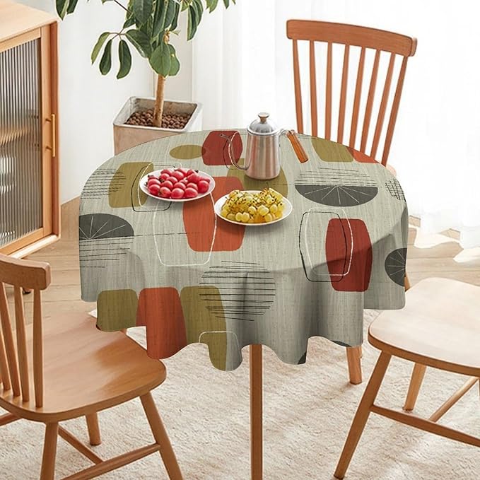 Retro Medieval Bohemian Round Tablecloth, Modern Mid Century Geometric Abstract Print Tablecloth for Home Party Dining Room Kitchen Decor 50Inch(127cm)