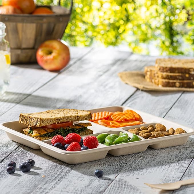 GUSTO [Case of 500 10 Inch Heavy-Duty 100% Compostable, 5 Compartment Eco-Friendly, Kraft Disposable Sugarcane Paper Plates - Brown Unbleached (Formerly Comfy Package