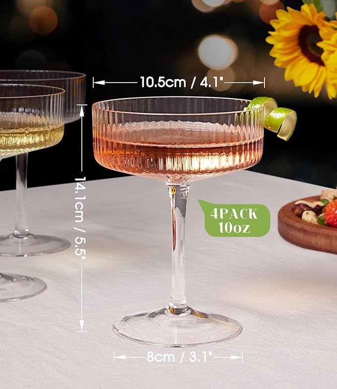 LUNA & MANTHA Coupe Glasses Set of 4, 10oz Crystal Ribbed Martini Glasses, Vintage Cocktail Glass, Hand Blown for Espresso Martini, Margarita, Home Bar &Gift,Glassware
