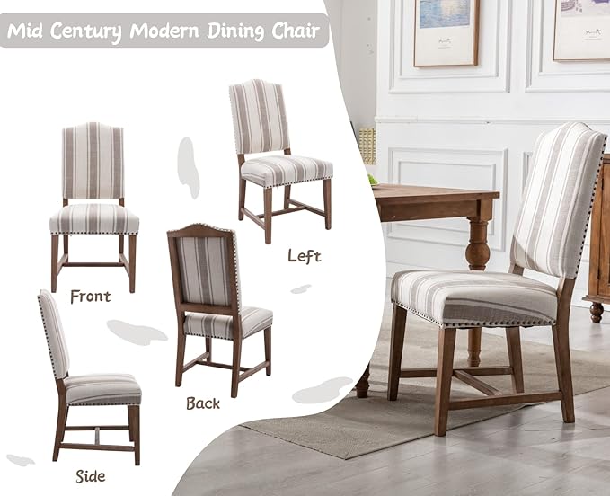CIMOTA Mid Century Modern Dining Chairs Set of 4, Farmhouse Upholstered Dining Room Chairs Comfortable Kitchen Side Chairs with High Back/Natural Solid Wood Frame, Linen Brown/Beige Stripe