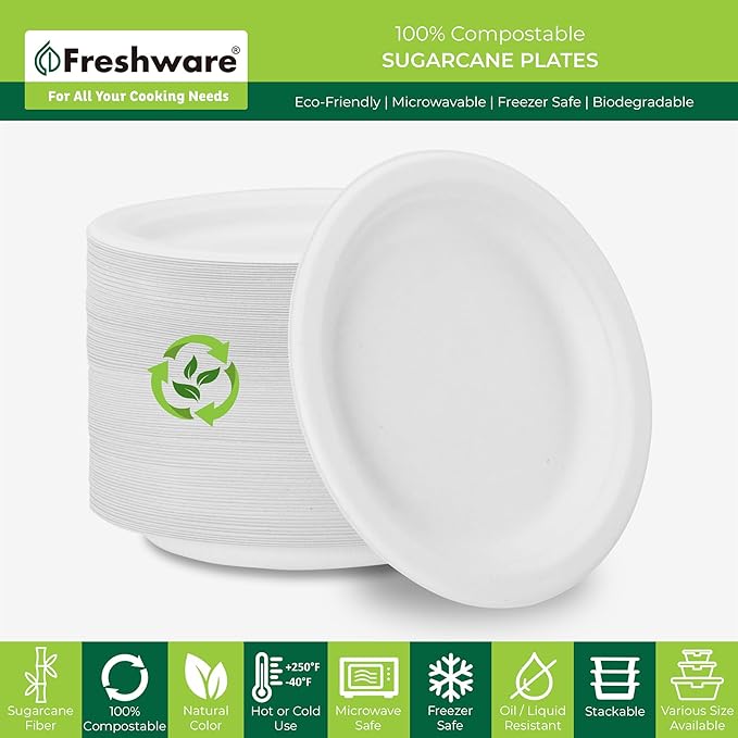 Freshware Paper Plates - Disposable 9" Plate, 500-Pack Biodegradable Sugarcane Dinner Plates - Heavy Duty Dinnerware for Hot Food - Microwave & Freezer Safe, Stackable Dinnerware