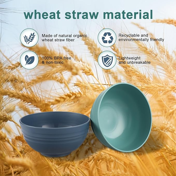 12 Pcs Unbreakable Cereal Bowls Set, 26 Oz Wheat Straw Bowls Set, Microwave & Dishwasher Safe Bowls for Kitchen, Reusable Plastic Bowls for Soup, Salad and Snack, BPA Free, Dark Green