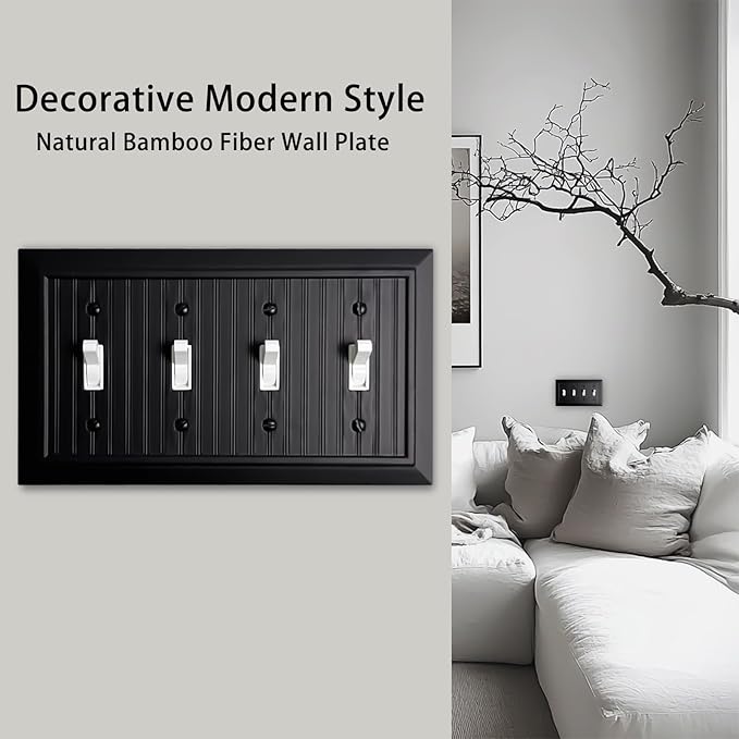 Beadboard Outlet Covers Wall Plates, Bamboo Fiber Light Switch Covers, Natural Material Electric Receptacle Decorative Switch Plate Outlet Cover Matte Black (4 Gang Toggle 1 Pack)