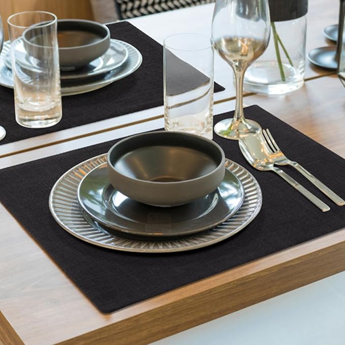 homing Cotton Linen Placemats Set of 6, Cloth Washable Farmhouse Dining Table Mats for Indoors & Outdoors, Easy to Clean, Black, 13 x 19 Inch