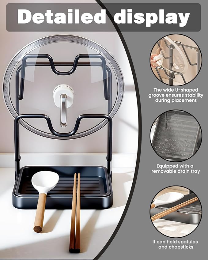 Pot Lid Organizer Holder Kitchen Storage Rack While Cooking Inside Cabinet Pan Cover Countertop with Double U-Shaped Slots over the Stove Spoon and Rest for Cutting Board Stand Drip Tray