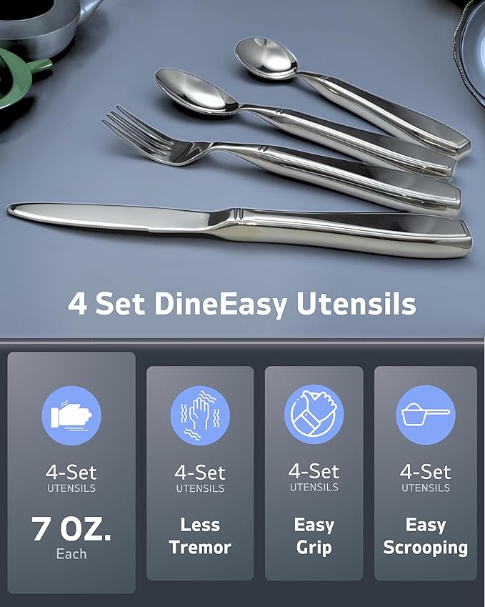 4-Piece Weighted Utensils for Tremors and Parkinson's (7 oz Each) - Weighted Silverware for Hand Tremors, Adaptive Utensils for Elderly