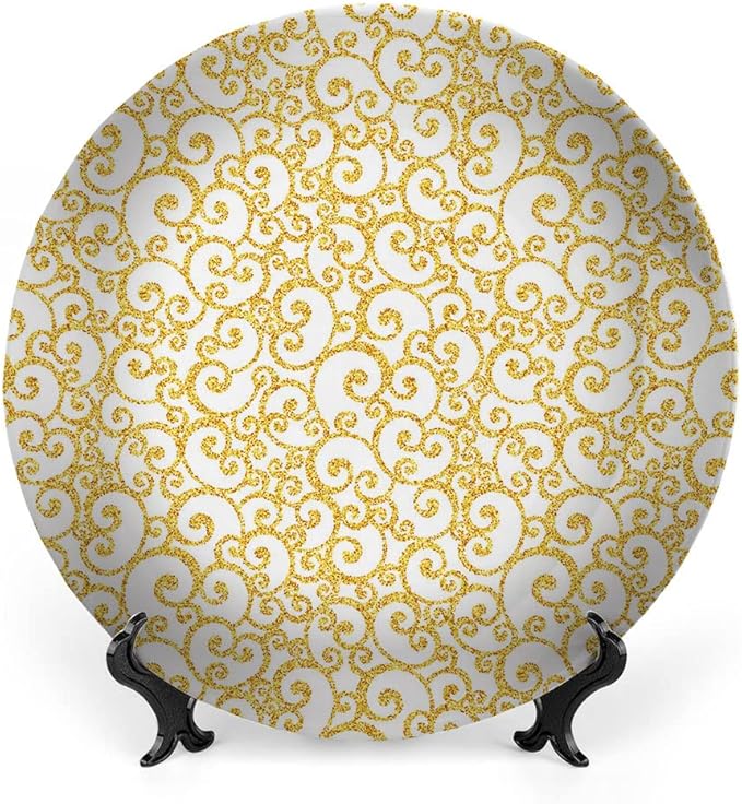 Ceramic Plates, Victorian Decorative Ceramic Plates, Swirling Lines Floral, 8 Inch, Household Plates Decorative, Golden