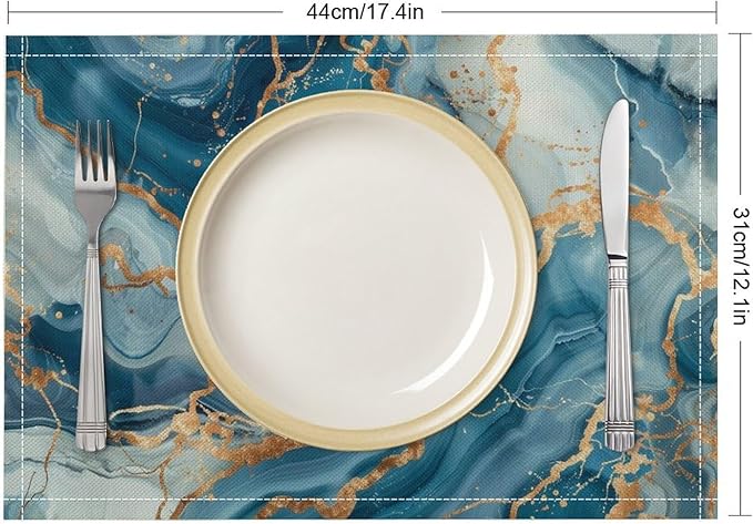 Marble Linen Placemats Set of 4, Modern Abstract Foil Stone Texture Gold Blue Marble Washable Place Mats, Non Slip Placemat for Home Party Dining Tables Wedding Kitchen Banquets Decor 12x17 Inch