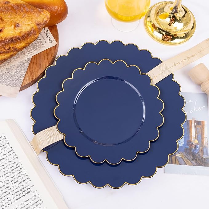 LIYH 60 Pcs Navy Blue Plastic Scalloped Plates with Gold Rim, Dark Blue Disposable Plates for Party Included 30 Dinner Plate 10.25 Inch,30 Dessert Plate 7.5 Inch Elegant Dishes Tableware