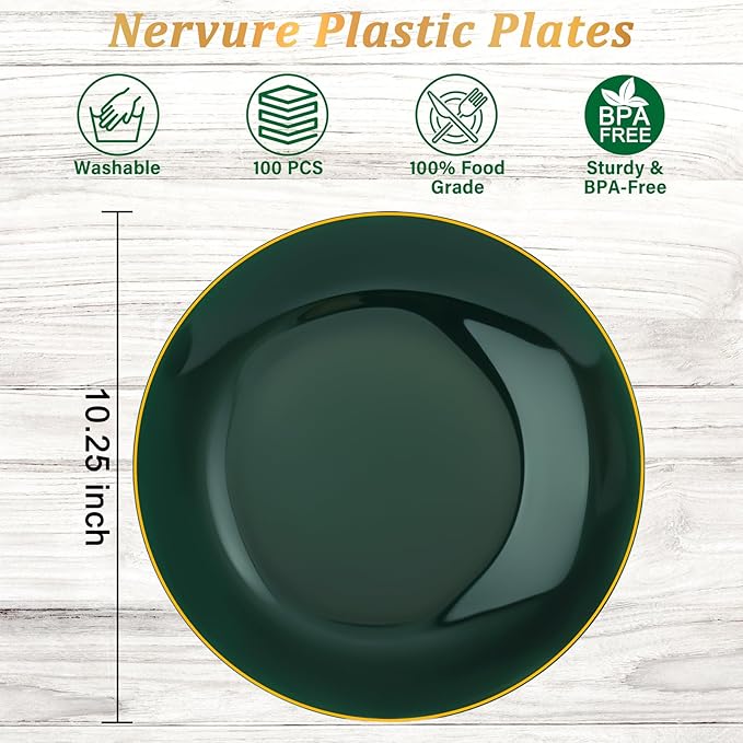 Nervure 100Pcs Green and Gold Plastic Plates - 10.25inch Disposable Green Dinner Plates - Heavy Duty Plastic Plate Ideal for Wedding & Party