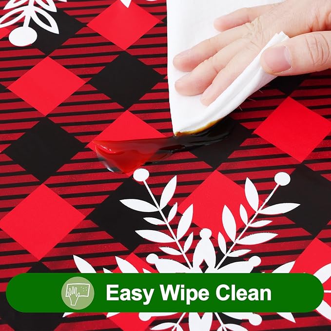 Smiry Christmas Rectangle Table Cloth, Waterproof Vinyl Tablecloth with Flannel Backing, Wipeable Bufflo Checked Snowflake Plastic Tablecloths for Christmas Table Decorations, (52"x70", Black & Red)