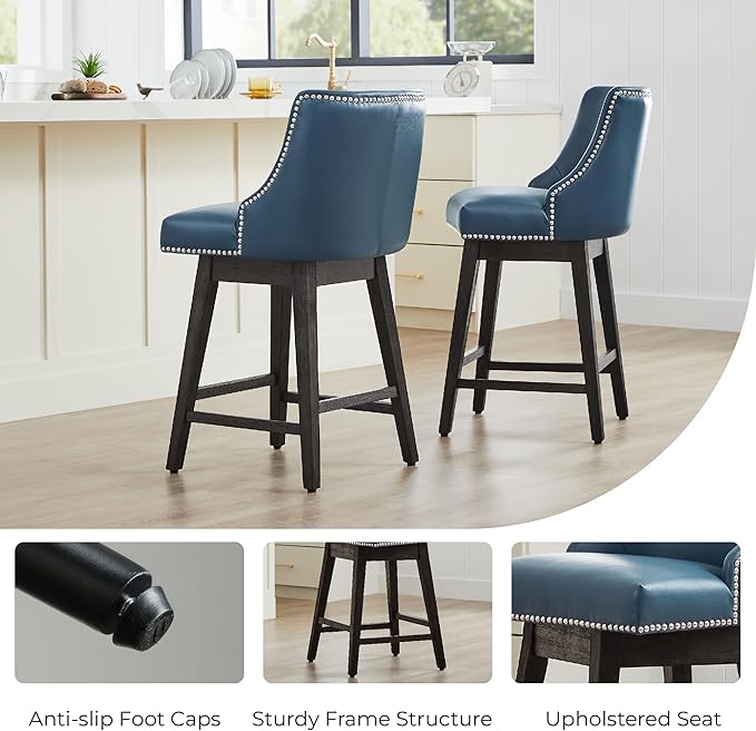 CHITA Counter Height Swivel Bar Stools Set of 3, FSC Certified Upholstered Counter Stools, Modern Swivel Barstools with Wood Legs for Kitchen Island, 26" Seat Height, Faux Leather in Blue